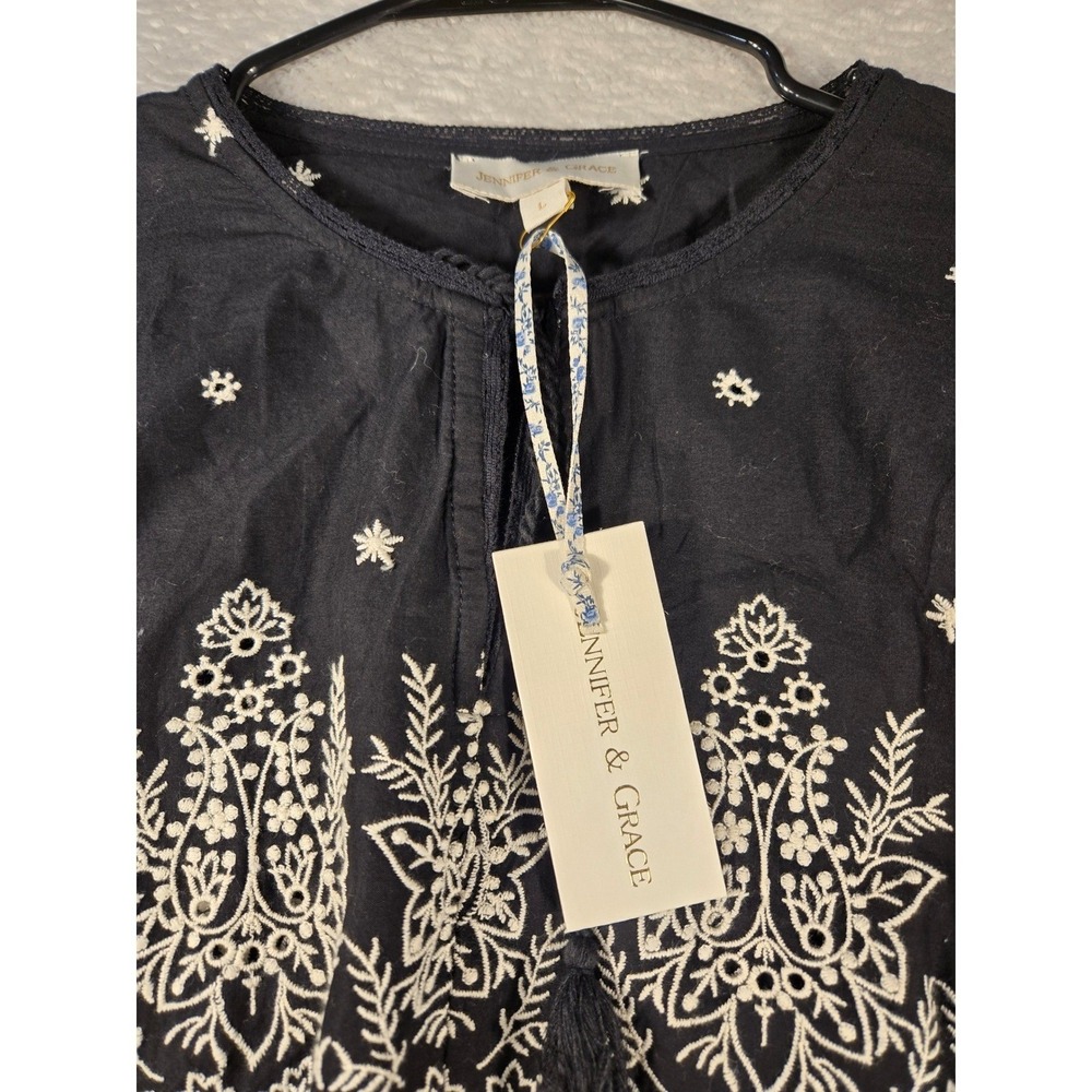 Jennifer & Grace Black Embroidered Boho Peplum Blouse Balloon Sleeve NWT Large